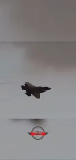 Fighter jet cruising through gray sky.