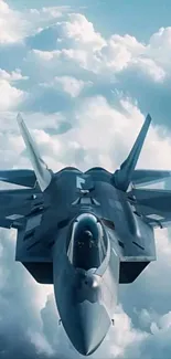 Fighter jet flying through clouds on a clear day.