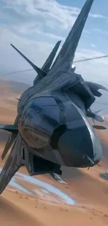 Fighter jet soaring over a scenic desert landscape under a blue sky.