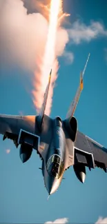 Fighter jet soaring through blue sky with cloud backdrop.