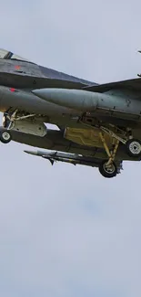 Fighter jet flying in the cloudy sky.