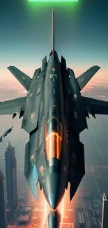 Fighter jet soaring over a futuristic city skyline at sunset.