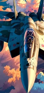 Anime-style fighter jet against a vibrant sky.
