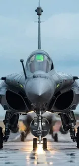 Fighter jet positioned on a wet runway, captured in high-resolution detail.