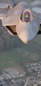 Fighter jet flying over scenic landscape at high altitude.