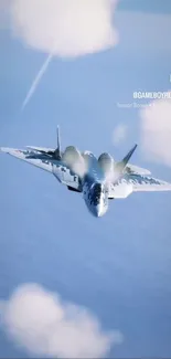 A fighter jet soaring through a blue clouded sky.