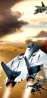 Aerial combat with jets against a golden sky backdrop in action-packed scene.