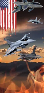 Fighter jets flying beneath an American flag in a fiery sunset sky background.