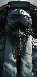 Fighter pilot in cockpit with helmet and gear.