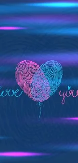 Blue wallpaper with fingerprint heart design and 'love you' text.