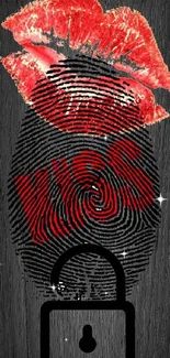 Black wallpaper with red kiss and fingerprint lock design.