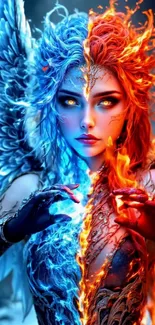 Beautiful fantasy wallpaper of an angel with contrasting fiery and icy wings.