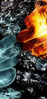 Mobile wallpaper with dramatic fire and ice theme creating a visually striking contrast.