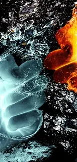 Fire and ice elements clash in dynamic mobile wallpaper.