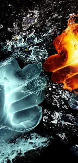 Dynamic wallpaper of fire and ice fists colliding.