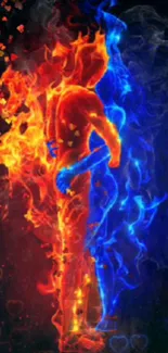 Fire and ice themed wallpaper with two intertwined figures, symbolizing duality.