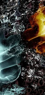 Dynamic fire and ice wallpaper with dark blue tones for mobile screens.