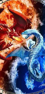 Fiery red and icy blue dragons in a fierce battle.