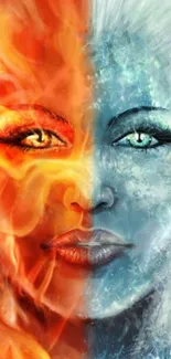 Fire and ice face fantasy wallpaper art.