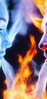 Fire and ice faces illustration with vivid contrast.