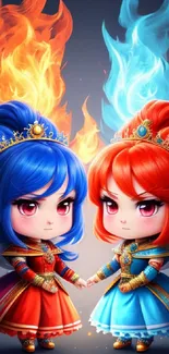 Chibi characters with fire and ice theme, perfect for a magical mobile wallpaper.