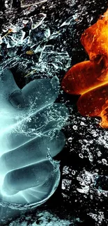 Fire and ice fists clenched against dark background.