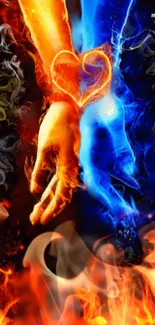 Artistic wallpaper of fire and ice hands, showcasing duality in vibrant colors.