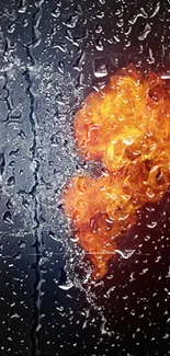 Wallpaper of a heart divided by fire and ice with water droplets.