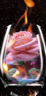 Fiery rose inside glass vase with night sky.