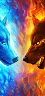 Vibrant wolf art wallpaper with fire and ice theme, depicting two wolves.