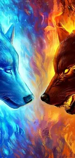 Fire and ice wolves face off in vibrant colors.