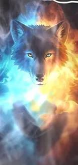 Mystical wolf with fire and ice background.