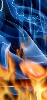 Dynamic wallpaper with blue lightning and fiery flames.