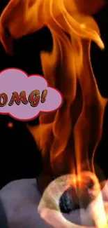 Mobile wallpaper with fiery flames and 'OMG' text bubble.