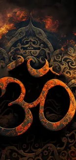 Vibrant fiery Om symbol on a Sanskrit-inspired background.