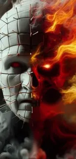 Fiery skull mask with fire and smoke effects, intense and captivating.