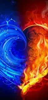 Vibrant red and blue fire and water heart wallpaper.