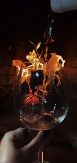 Wine being poured in front of a warm brick fireplace.