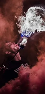 A fire breather creates dramatic smoke effects.