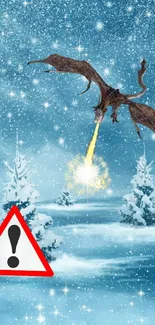 Dragon breathing fire over snowy landscape.