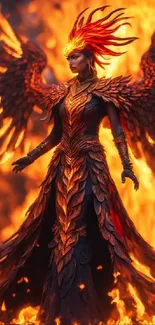 A fiery goddess with wings stands amidst flames.