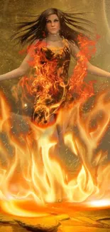 Fantasy fire goddess enveloped in flames, vibrant mobile wallpaper.