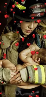 Firefighter holding baby with floating hearts on mobile wallpaper.