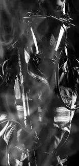 Monochrome image of a firefighter in smoke with reflective gear.