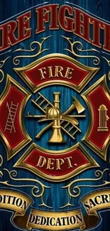 Firefighter emblem with dedication and sacrifice symbols on mobile wallpaper.