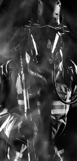 Firefighter in full gear silhouette against a dark background.