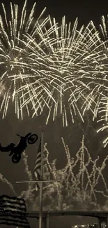 Motorcycle stunt with fireworks in sepia tones, creating a thrilling mobile wallpaper.