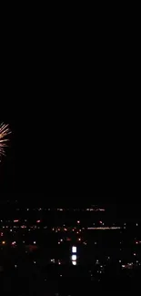 Dark cityscape with vibrant fireworks in the night sky.