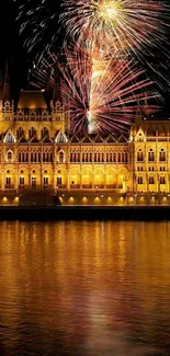 Fireworks over a lit historic building with river reflections at night.