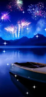 Fireworks illuminate the night over a lake with boat and mountain silhouettes.